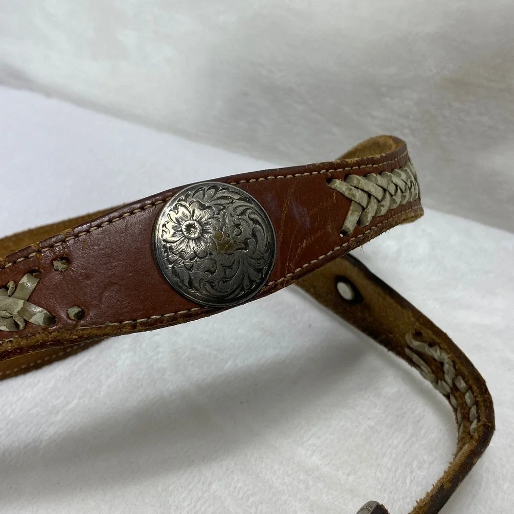 VTG Distressed‎ Brown Leather Western Concho Belt Whipstitch Lacing No Buckle